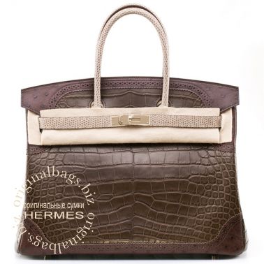 Hermes Birkin 35 Ghillies Gris Elephant/Marron Fonce/Ficelle