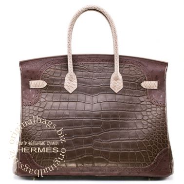 Hermes Birkin 35 Ghillies Gris Elephant/Marron Fonce/Ficelle