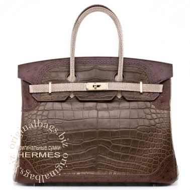 Hermes Birkin 35 Ghillies Gris Elephant/Marron Fonce/Ficelle