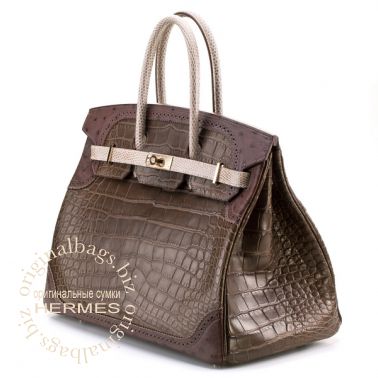 Hermes Birkin 35 Ghillies Gris Elephant/Marron Fonce/Ficelle
